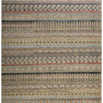 9' X 13' Tan Blue and Orange Striped Hand Knotted Area Rug HomeRoots