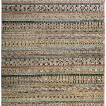 9' X 13' Tan Blue and Orange Striped Hand Knotted Area Rug HomeRoots