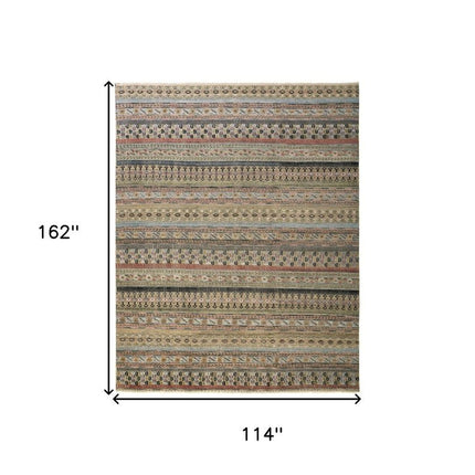 9' X 13' Tan Blue and Orange Striped Hand Knotted Area Rug HomeRoots