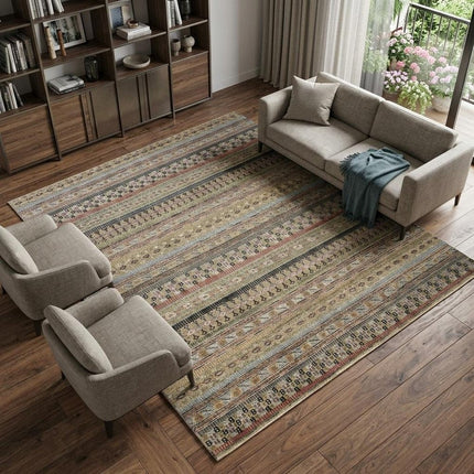 9' X 13' Tan Blue and Orange Striped Hand Knotted Area Rug HomeRoots
