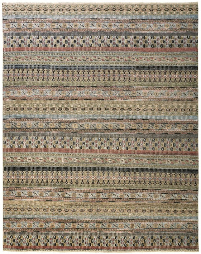 9' X 13' Tan Blue and Orange Striped Hand Knotted Area Rug HomeRoots