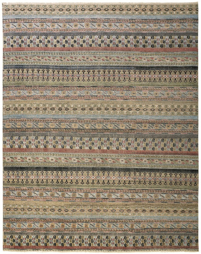 9' X 13' Tan Blue and Orange Striped Hand Knotted Area Rug HomeRoots