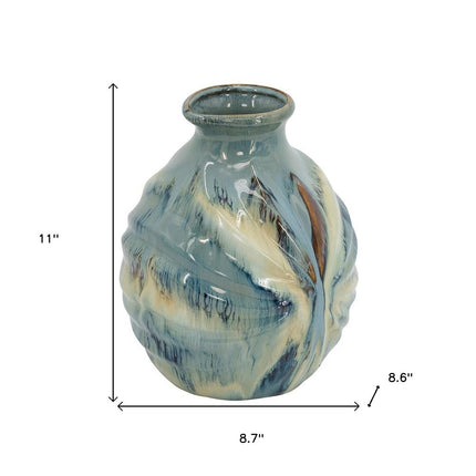 11" Blue Beige And Brown Abstract Round Ceramic Table Vase HomeRoots