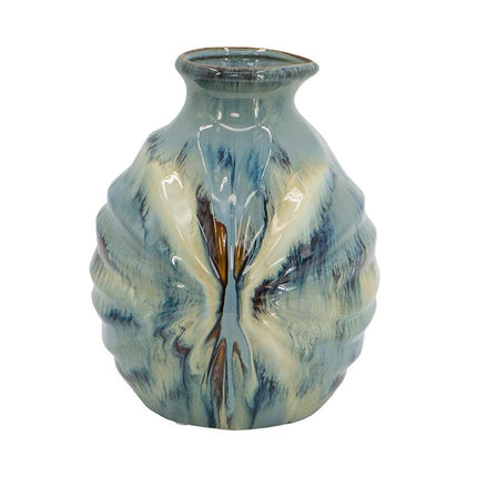 11" Blue Beige And Brown Abstract Round Ceramic Table Vase HomeRoots