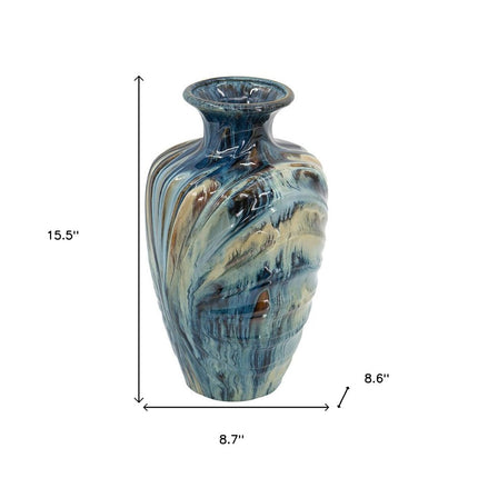 16" Beige Blue And Brown Abstract Ceramic Round Table Vase