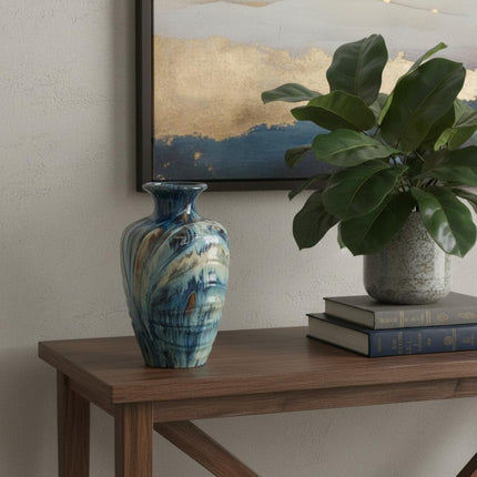 16" Beige Blue And Brown Abstract Ceramic Round Table Vase HomeRoots