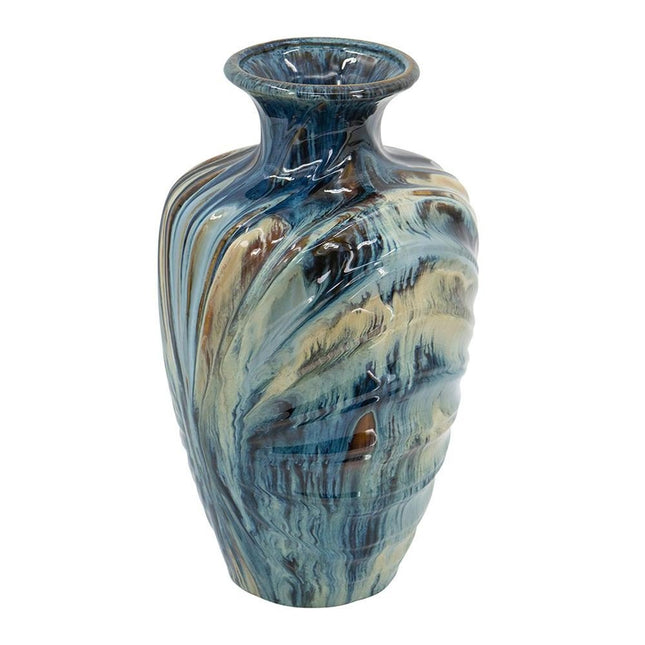 16" Beige Blue And Brown Abstract Ceramic Round Table Vase HomeRoots