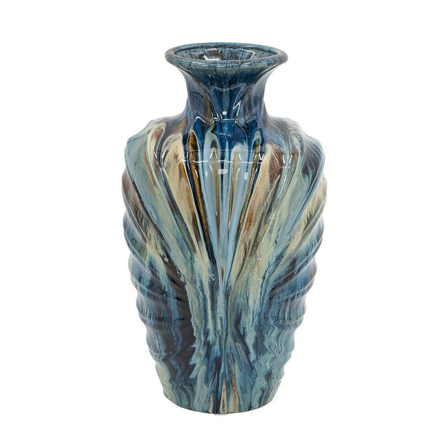 16" Beige Blue And Brown Abstract Ceramic Round Table Vase HomeRoots