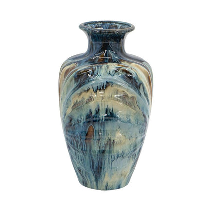 16" Beige Blue And Brown Abstract Ceramic Round Table Vase HomeRoots