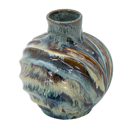 11" Blue Beige And Brown Abstract Wavy Ceramic Table Vase HomeRoots