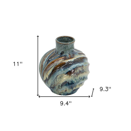 11" Blue Beige And Brown Abstract Wavy Ceramic Table Vase HomeRoots