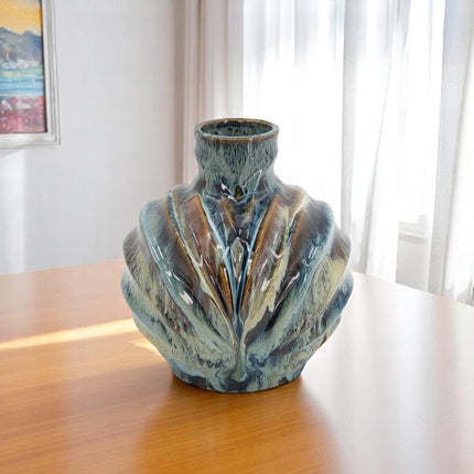 11" Blue Beige And Brown Abstract Wavy Ceramic Table Vase HomeRoots