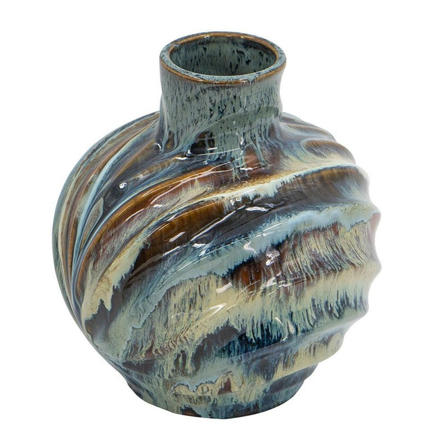 11" Blue Beige And Brown Abstract Wavy Ceramic Table Vase HomeRoots