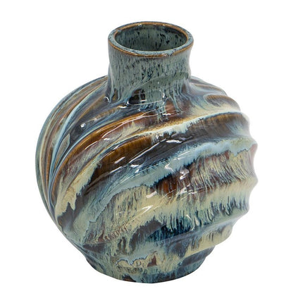 11" Blue Beige And Brown Abstract Wavy Ceramic Table Vase HomeRoots