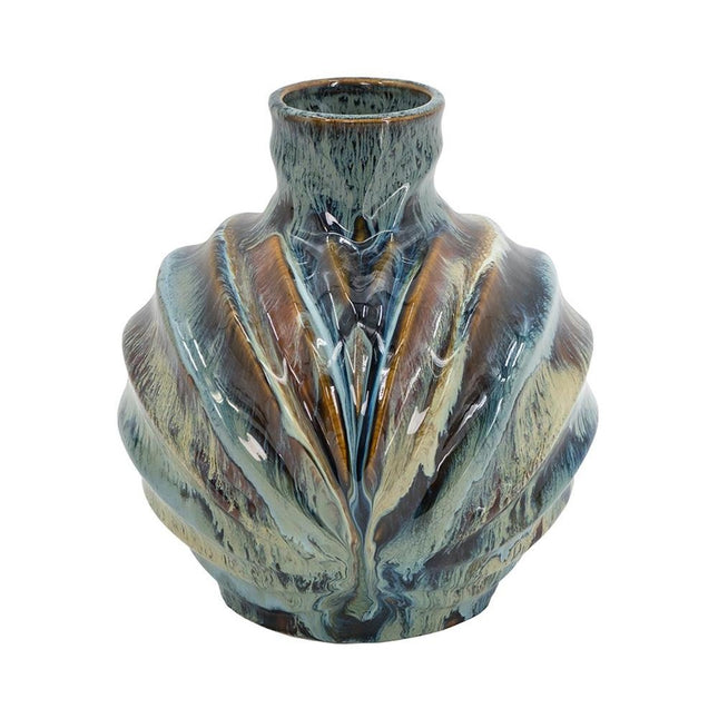 11" Blue Beige And Brown Abstract Wavy Ceramic Table Vase HomeRoots