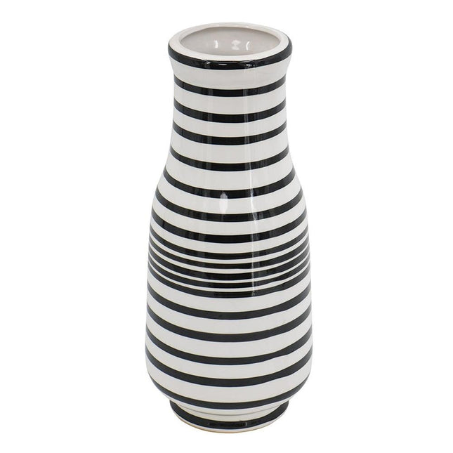 18" Black And White Hand Painted Stripe Ceramic Table Vase HomeRoots