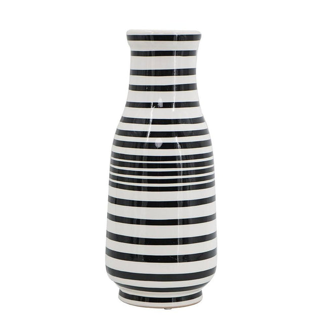 18" Black And White Hand Painted Stripe Ceramic Table Vase HomeRoots