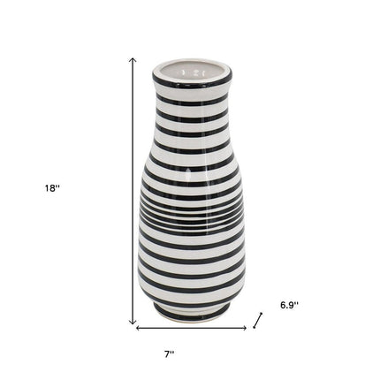 18" Black And White Hand Painted Stripe Ceramic Table Vase HomeRoots