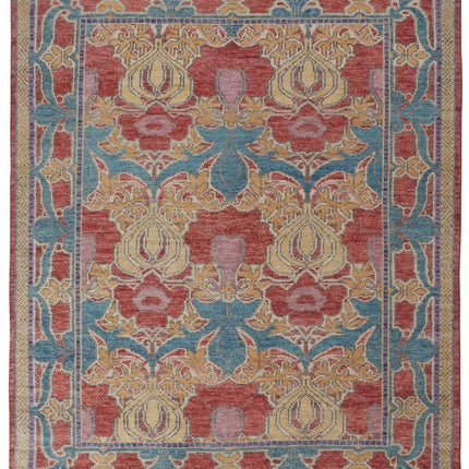 9' X 13' Blue Red and Yellow Wool Oriental Hand Knotted Area Rug