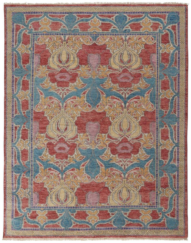 9' X 13' Blue Red and Yellow Wool Oriental Hand Knotted Area Rug