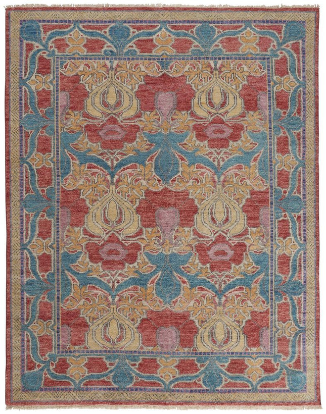 9' X 13' Blue Red and Yellow Wool Oriental Hand Knotted Area Rug