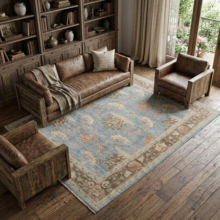 9' X 13' Brown and Blue Wool Oriental Hand Knotted Area Rug