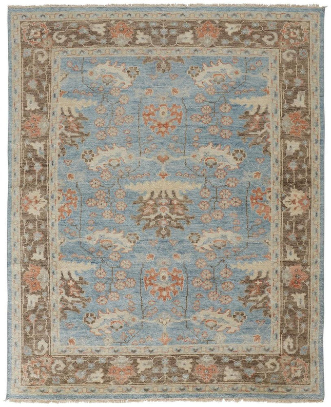 9' X 13' Brown and Blue Wool Oriental Hand Knotted Area Rug