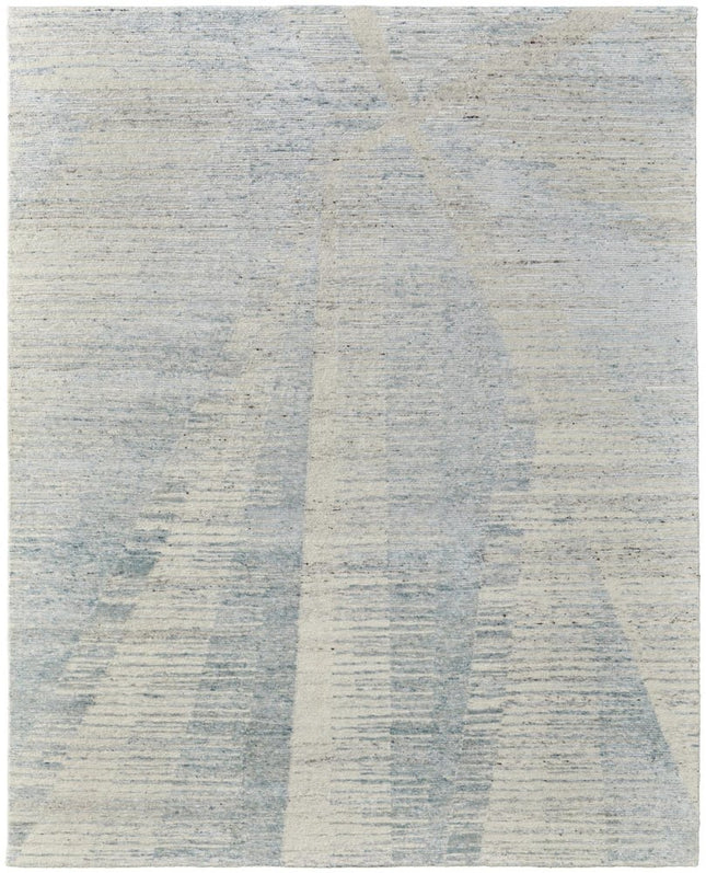 9' X 13' Blue Ivory And Silver Abstract Hand Knotted Distressed Area Rug