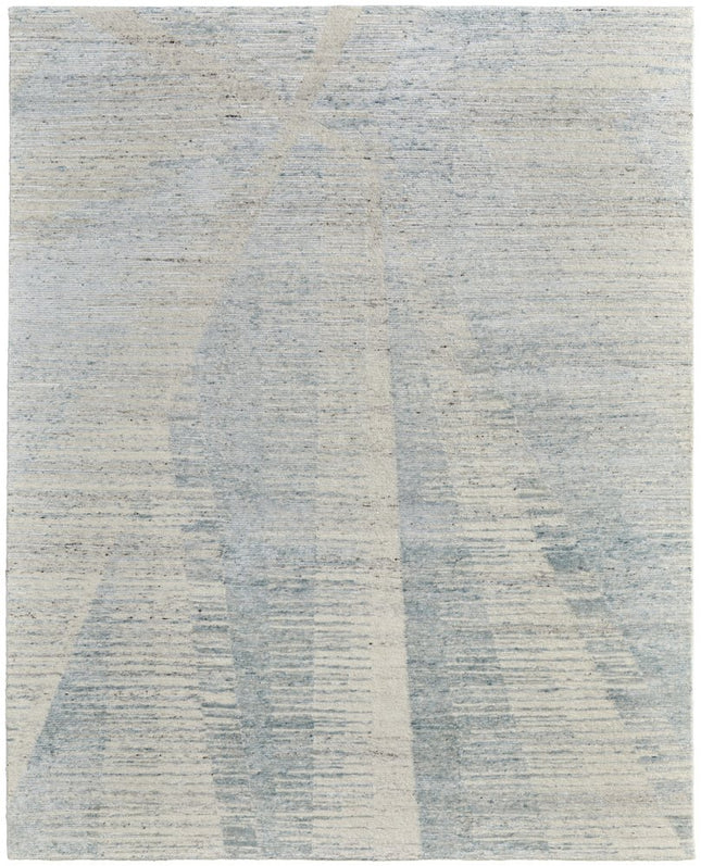 9' X 13' Blue Ivory And Silver Abstract Hand Knotted Distressed Area Rug