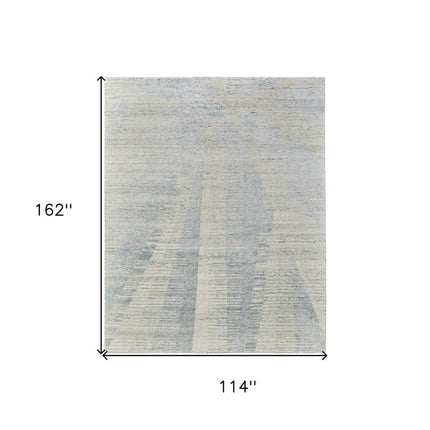 9' X 13' Blue Ivory And Silver Abstract Hand Knotted Distressed Area Rug