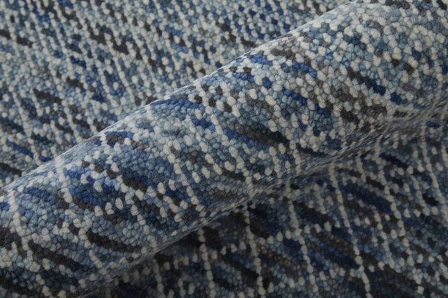 10' Ivory Gray and Blue Wool Hand Knotted Runner Rug With Fringe HomeRoots