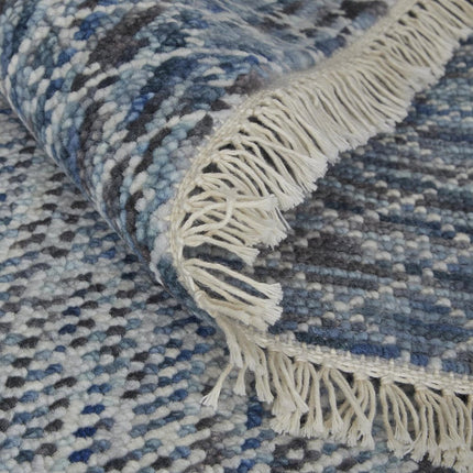 10' Ivory Gray and Blue Wool Hand Knotted Runner Rug With Fringe HomeRoots