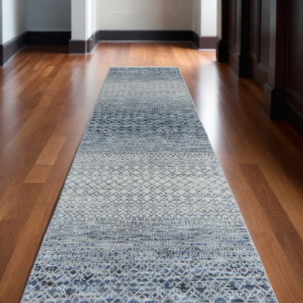 10' Ivory Gray and Blue Wool Hand Knotted Runner Rug With Fringe HomeRoots