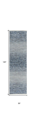 10' Ivory Gray and Blue Wool Hand Knotted Runner Rug With Fringe HomeRoots