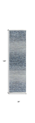10' Ivory Gray and Blue Wool Hand Knotted Runner Rug With Fringe HomeRoots