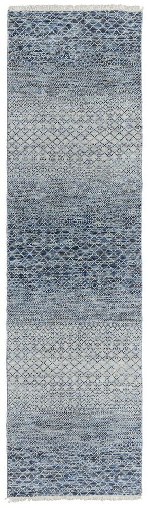10' Ivory Gray and Blue Wool Hand Knotted Runner Rug With Fringe