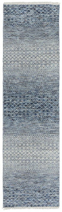 10' Ivory Gray and Blue Wool Hand Knotted Runner Rug With Fringe HomeRoots