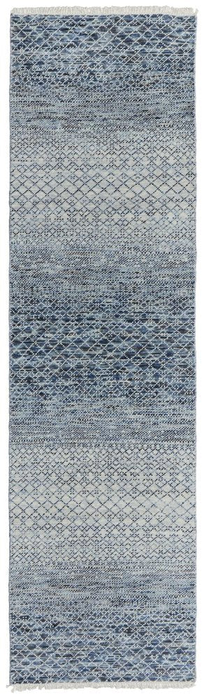 10' Ivory Gray and Blue Wool Hand Knotted Runner Rug With Fringe HomeRoots