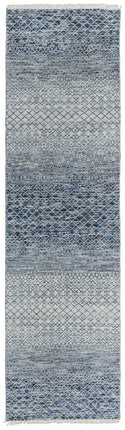 10' Ivory Gray and Blue Wool Hand Knotted Runner Rug With Fringe HomeRoots