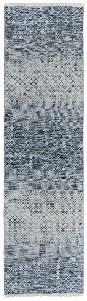 10' Ivory Gray and Blue Wool Hand Knotted Runner Rug With Fringe HomeRoots