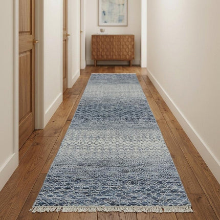 10' Ivory Gray and Blue Wool Hand Knotted Runner Rug With Fringe HomeRoots