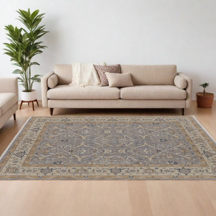 9' X 13' Tan and Gray Wool Oriental Hand Knotted Area Rug With Fringe HomeRoots