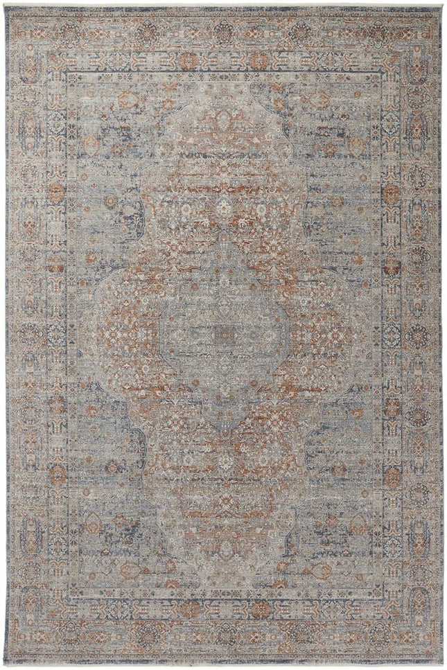 9' X 13' Gray Ivory and Orange Oriental Power Loom Worn Faded Area Rug With Fringe