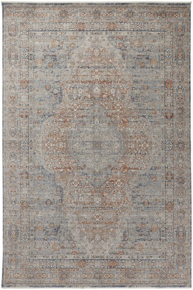 9' X 13' Gray Ivory and Orange Oriental Power Loom Worn Faded Area Rug With Fringe HomeRoots