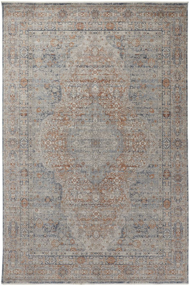 9' X 13' Gray Ivory and Orange Oriental Power Loom Worn Faded Area Rug With Fringe HomeRoots