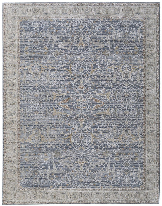 9' X 13' Blue Taupe And Ivory Ikat Distressed Area Rug With Fringe