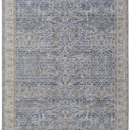 9' X 13' Blue Taupe And Ivory Ikat Distressed Area Rug With Fringe