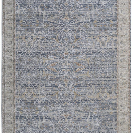 9' X 13' Blue Taupe And Ivory Ikat Distressed Area Rug With Fringe