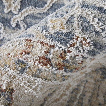 9' X 13' Blue Taupe And Ivory Ikat Distressed Area Rug With Fringe