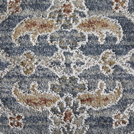 9' X 13' Blue Taupe And Ivory Ikat Distressed Area Rug With Fringe